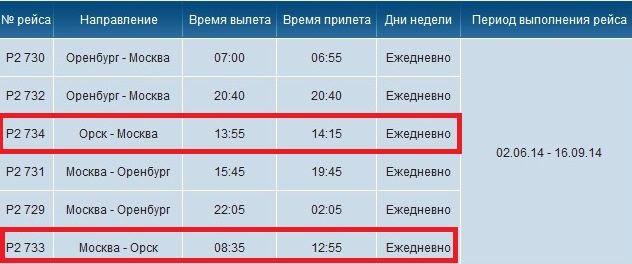 Расписание регулярных рейсов из Оренбурга и Орска в Москву 