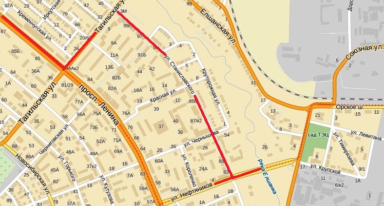 Объезд через улицы Тагильская и Станиславского. Карты Yandex 