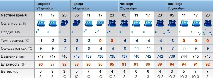 Погода в Оренбурге с 23 по 26 декабря