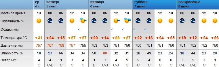 Погода в Оренбурге с 4 по 8 июня