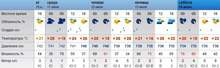 Погода в Оренбурге с 10 по 14 июня