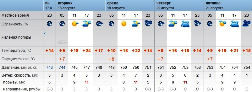 Погода в Оренбурге с 17 по 21 августа