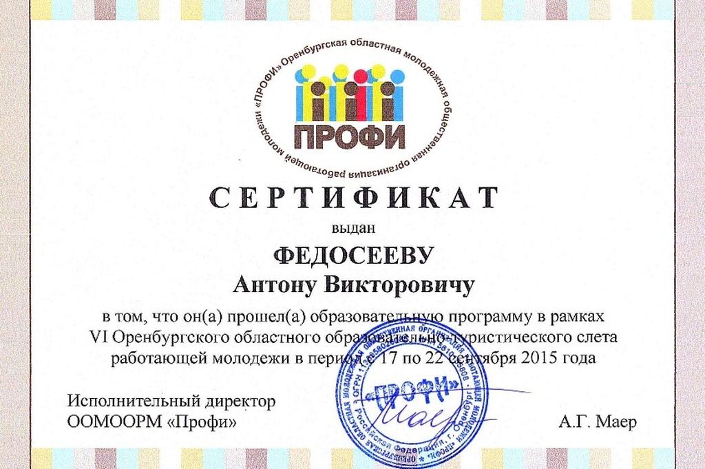 Сертификат, выданный руководителю проектов дирекции по инвестициям и капитальному строительству ООО ЮУГПК Антону Федосеву