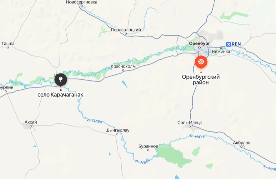 Карачаганак и Оренбургский район на карте Яндекс