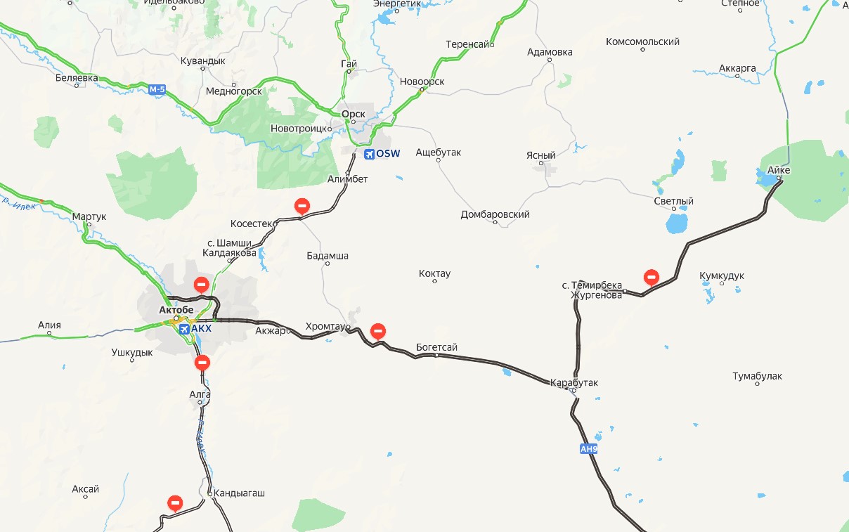 Перекрытые трассы Казахстана, Яндекс-карты