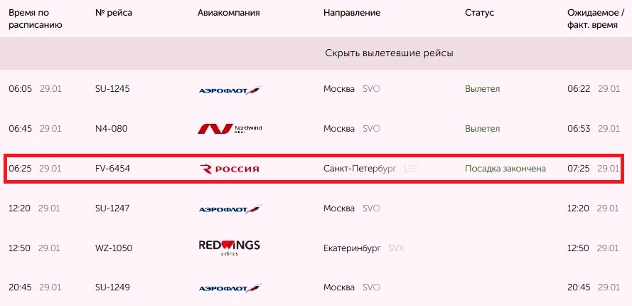 Онлайн-табло аэропорта Оренбурга