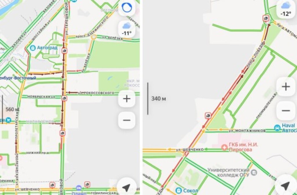 Аварии на улице Терешковой и на проспекте Победы. Фото: Яндекс карты