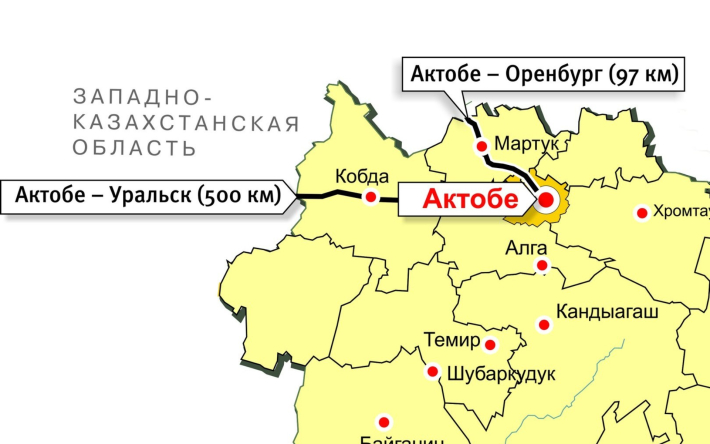 Протяженность дороги Актобе - Оренбург. Изображение: «Диапазон».