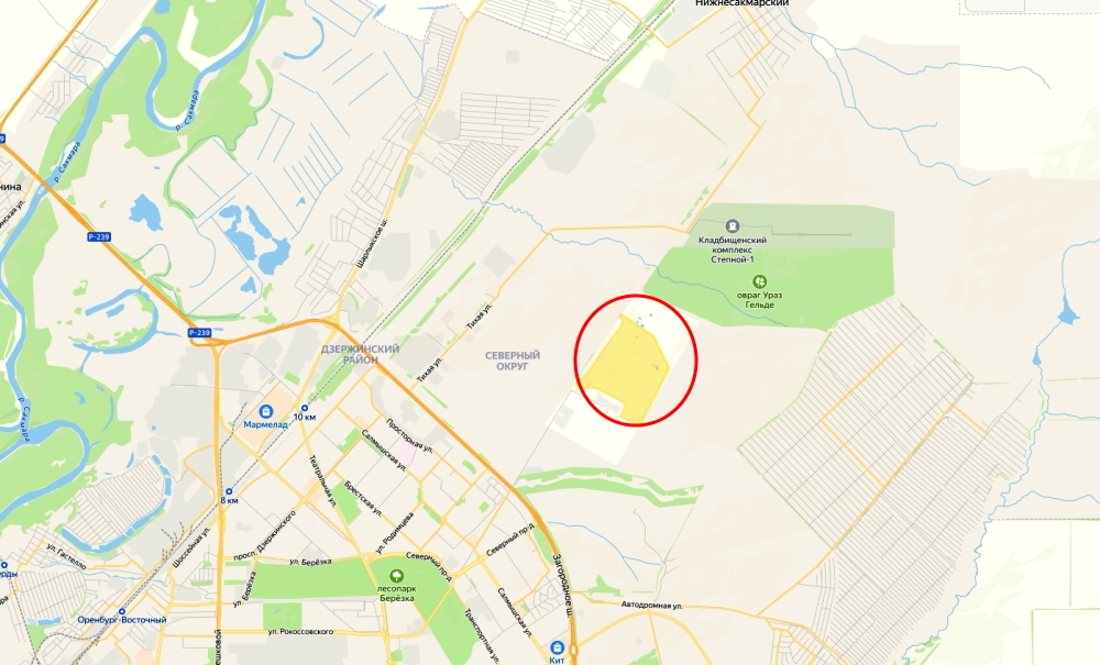 Территория, где предполагается разместить перерабатывающий комплекс (желтое - мусорный полигон)