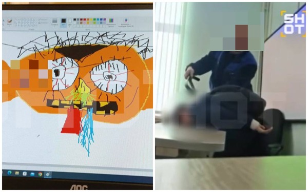 На месте происшествия и рисунок школьника. Источник: ТГ-канал SHOT