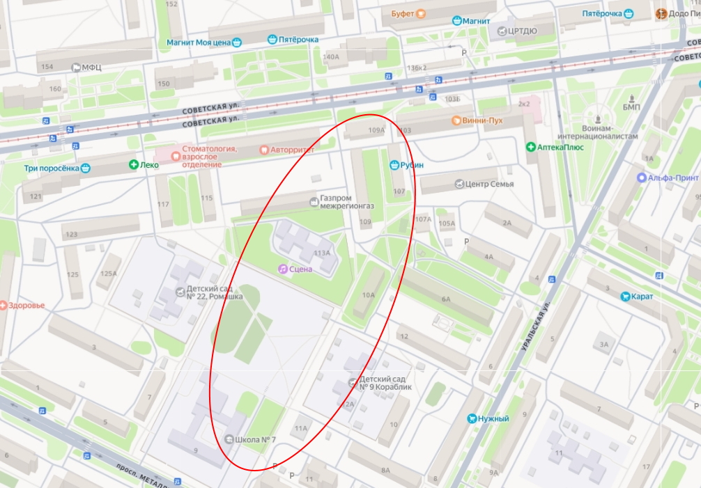 Территория, которая попадает под проект благоустройства, на Яндекс-карте