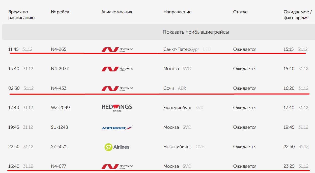 Скриншот онлайн-табло аэропорта Оренбурга