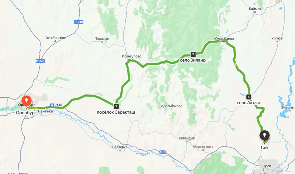 Объезд закрытой трассы Оренбург-Орск, фото: Яндекс.Карты