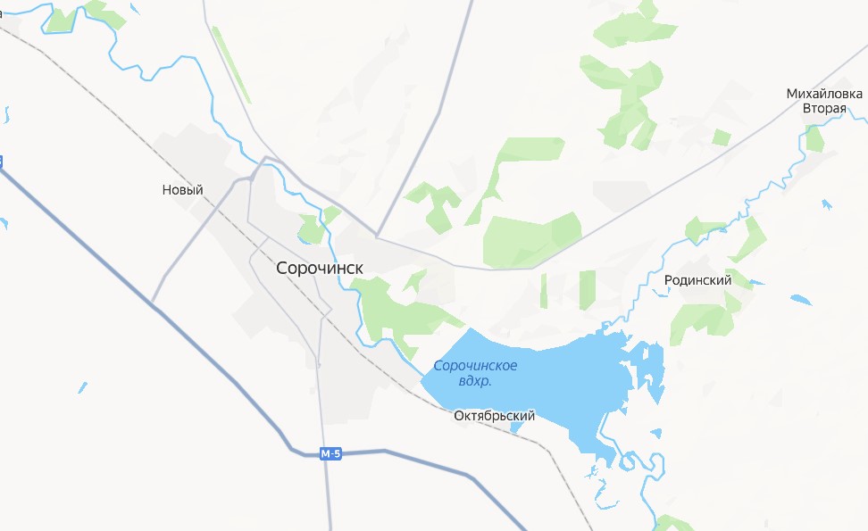 Река Самара в районе Сорочинска и Сорочинское водохранилище на Яндекс-карте