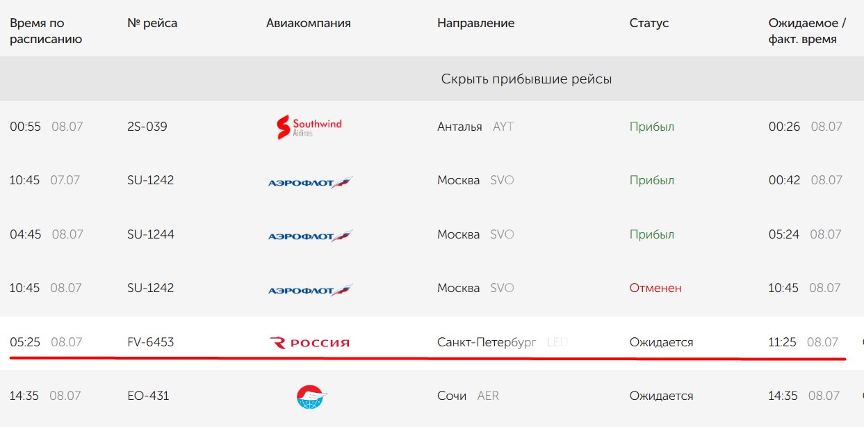 Скриншот онлайн-табло аэропорта Оренбурга
