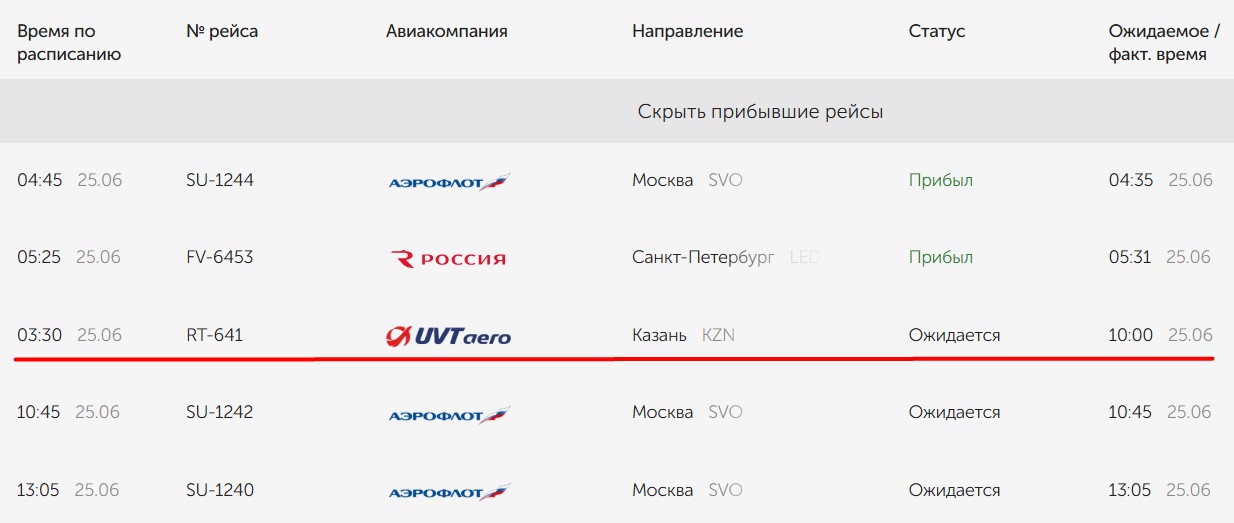 Скриншот онлайн-табло аэропорта Оренбурга