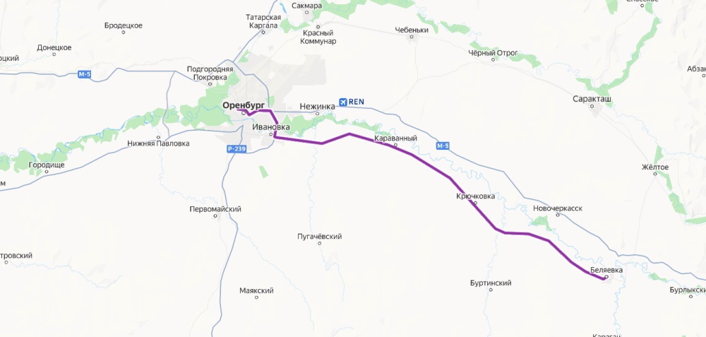 Дорога Оренбург - Беляевка на Яндекс-карте