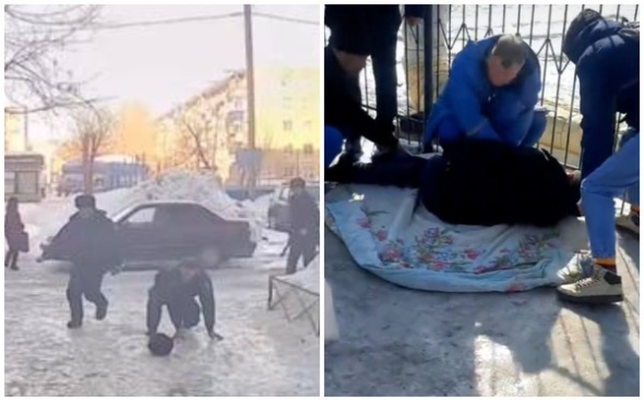 Из-за гололеда в Оренбурге у подъезда поскользнулись полицейские, а в Орске травмы получил пешеход