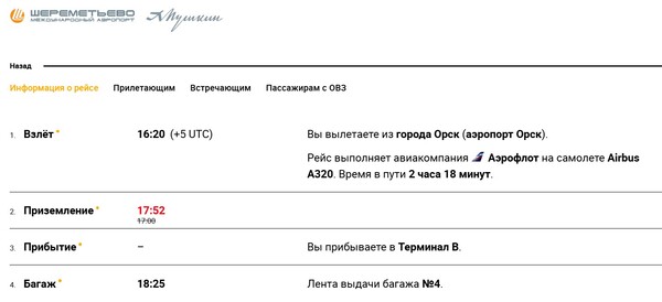 Информация о рейсе. Источник: Аэропорт Шереметьево