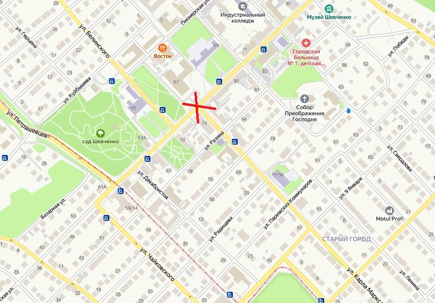 Закрытый перекресток на карте Яндекс