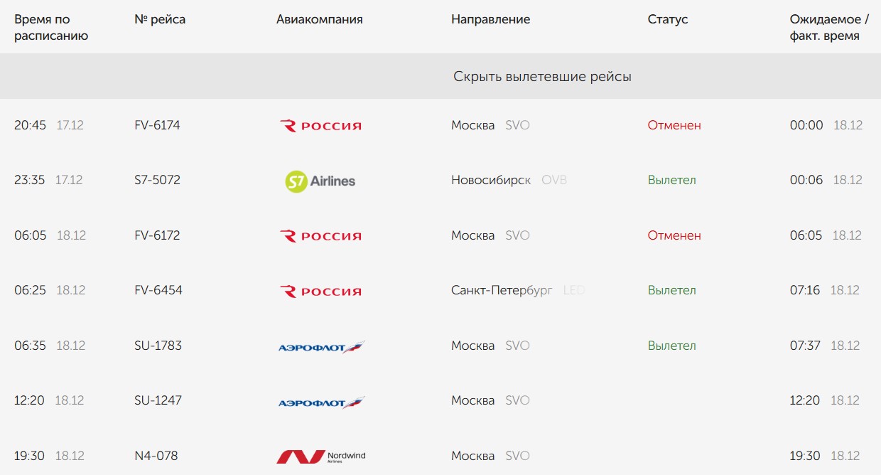 Скриншот онлайн-табло аэропорта Оренбурга