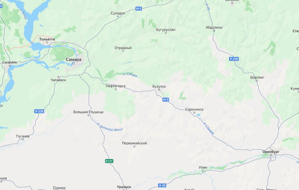 Самарская и Оренбургская области на карте Яндекс