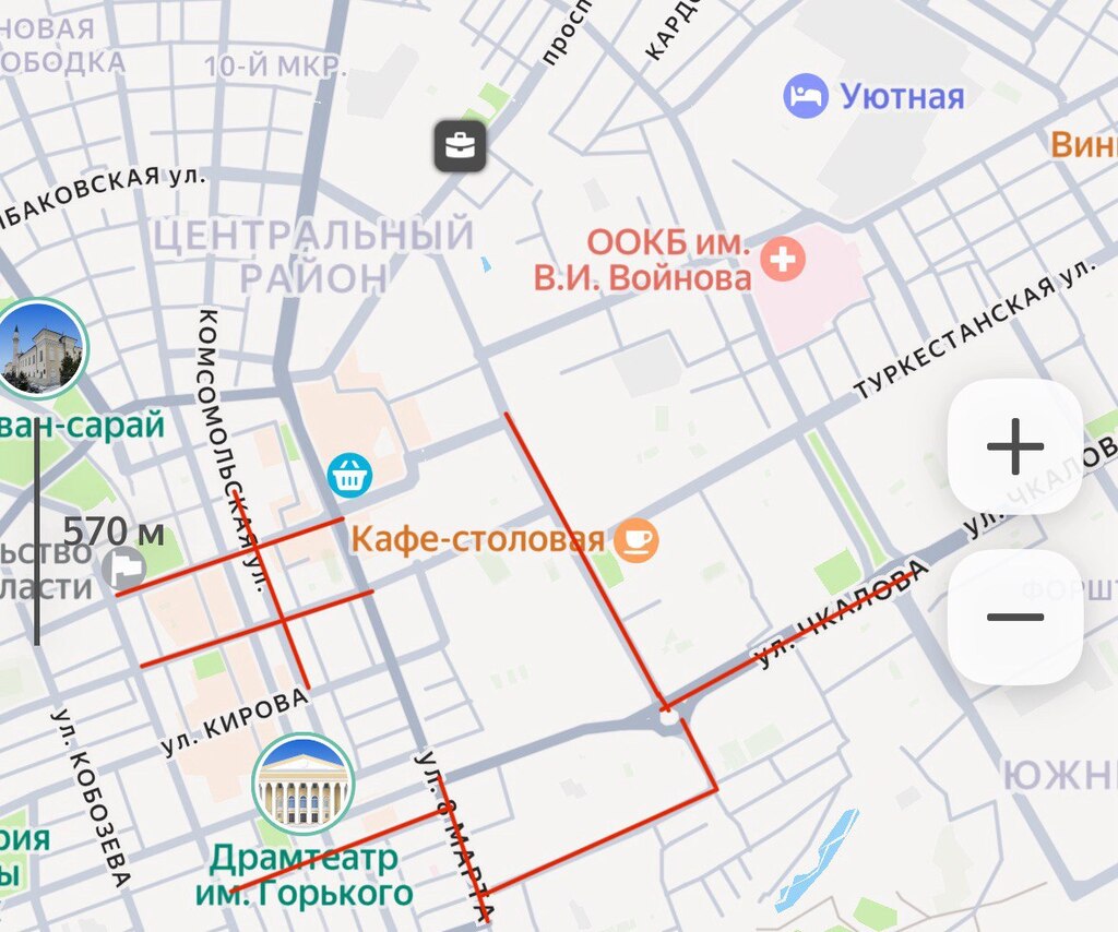 Перекрытые улицы. Фото: Яндекс Карты