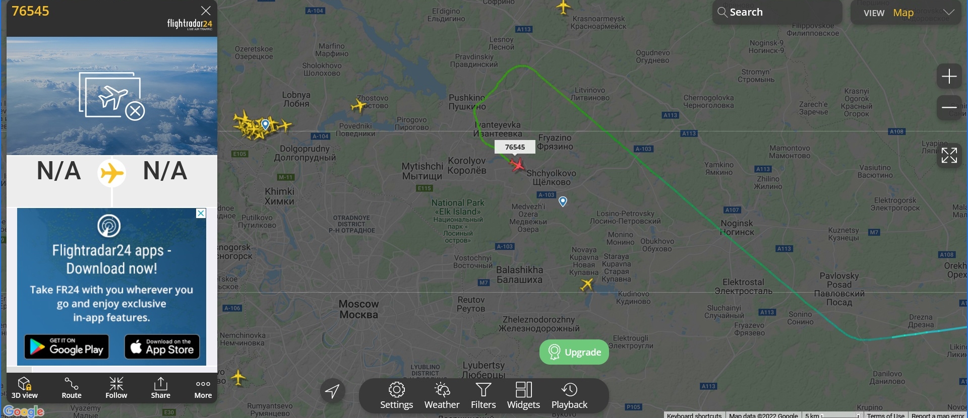 Посадка военно-транспортного самолета ИЛ-76 ВВС России Ra-76545 в Чкаловском. Скриншот с сервиса Flightradar