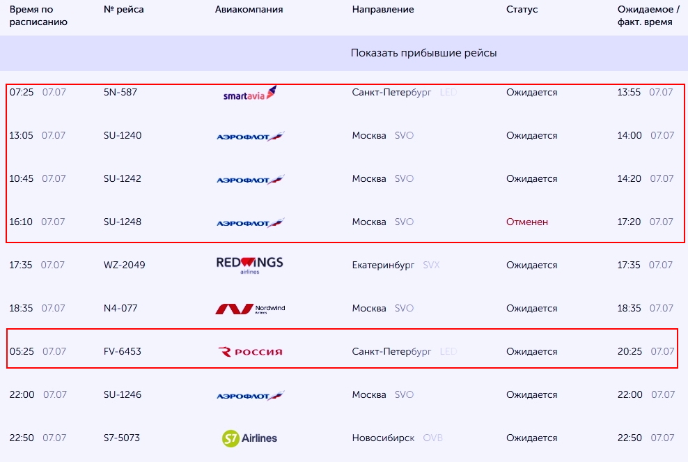 Скриншот онлайн-табло прилета самолетов