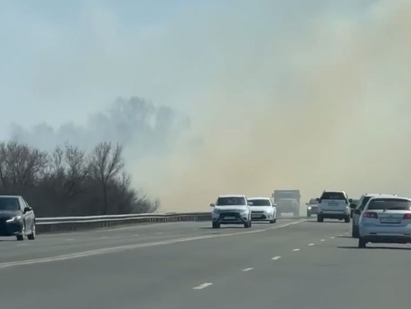 В Оренбурге возле моста через реку Урал горит сухая трава. Из-за плотного дыма затруднено движение авто (видео)