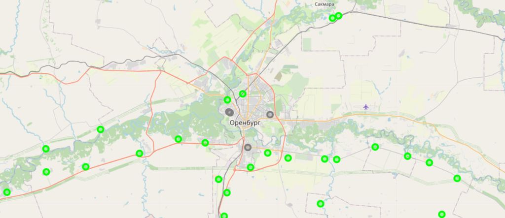 Экопосты, скрин карты системы экологического мониторинга Оренбургской области
