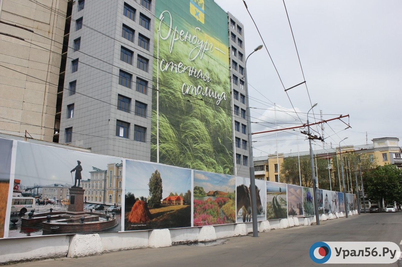 В Оренбурге сгоревшее здание и забор недостроя украсили фотографиями птиц и степей