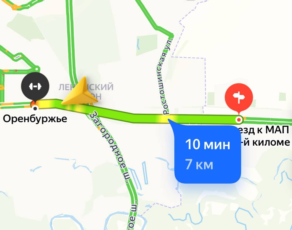 Скрин карты, дорога от СКК Оренбуржья до поворота на Пригородный на 7 км.