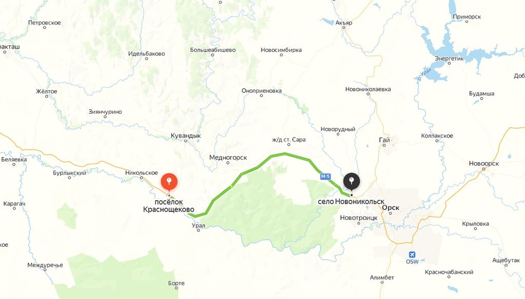 Закрытый участок трассы Оренбург - Орск. Фото: Яндекс.Карты