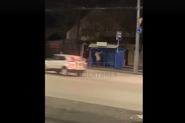 В Оренбурге двое мужчин ногами ломали остановку 