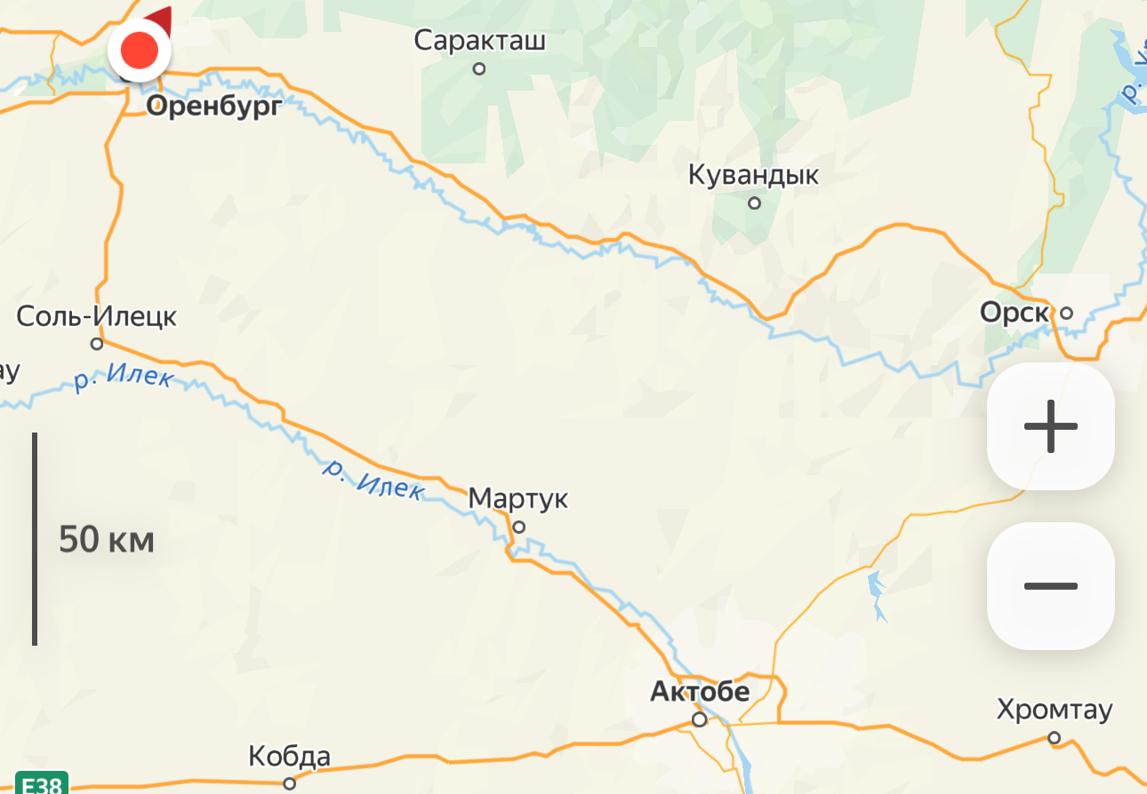 Граница между Актюбинской и Оренбургской областями. Скриншот с Яндекс.Карт