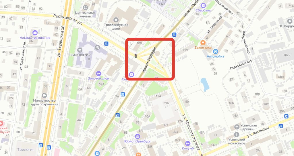 Перекресток пр. Победы - ул. Рыбаковская - ул. Маршала Жукова Оренбурга является устойчивым местом концентрации ДТП в Оренбурге. Карты Яндекс