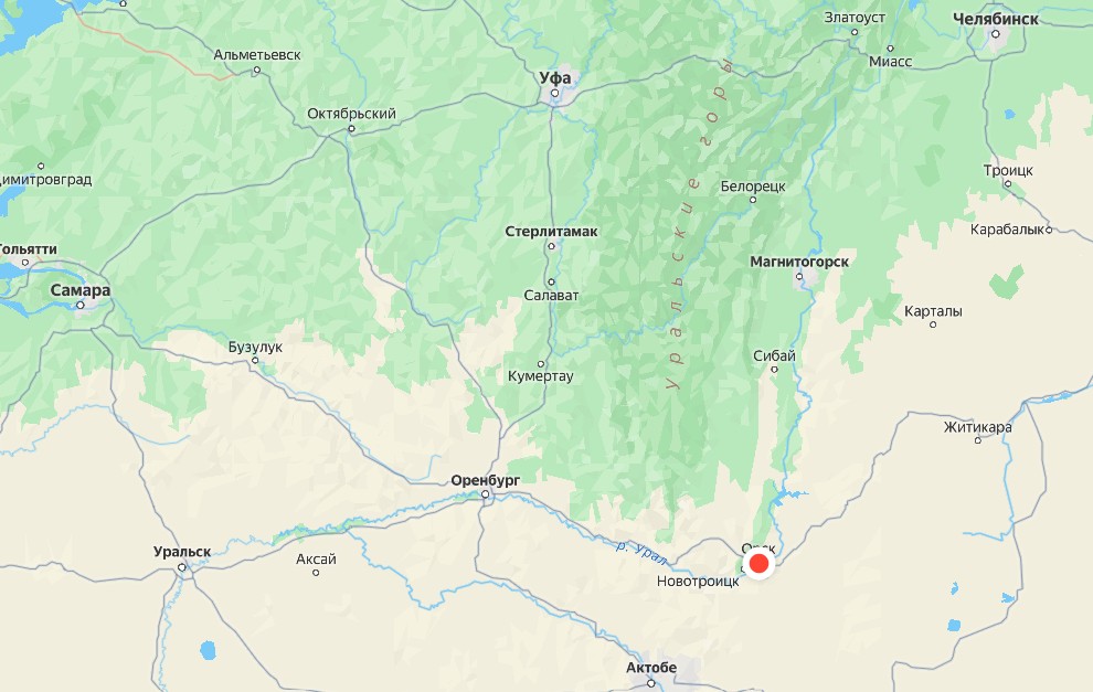 Башкирия граничит с Оренбургской областью. Источник: Яндекс.карты