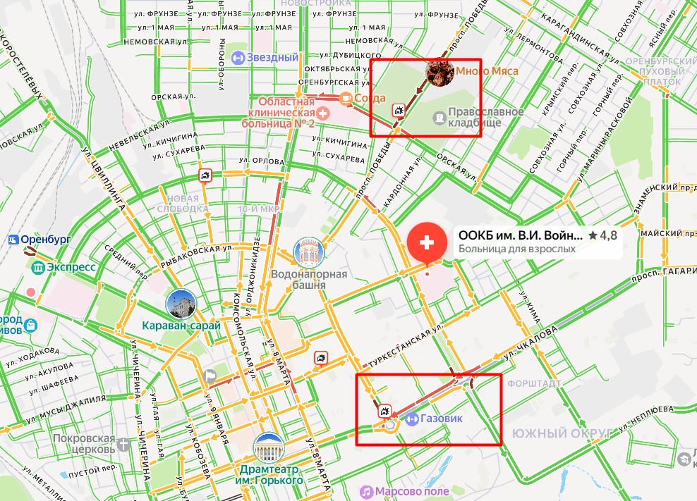 Пробки в Оренбурге на Яндекс-картах