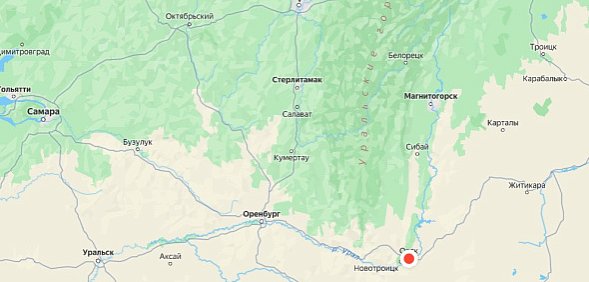 Башкирия граничит с Оренбургской областью. Источник: Яндекс.карты