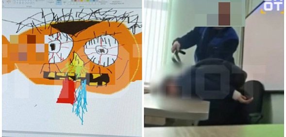 На месте происшествия и рисунок школьника. Источник: ТГ-канал SHOT