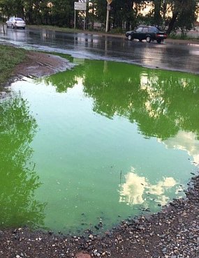 В Оренбурге лужи стали кислотно-зеленого цвета 