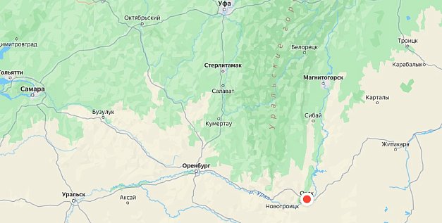 Башкирия граничит с Оренбургской областью. Источник: Яндекс.карты